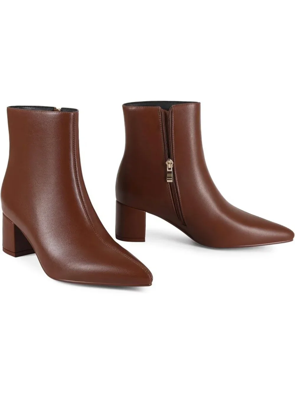 Women's Light Brown Pointed Toe Comfortable Chunky Heel Side Zipper Ankle Boots